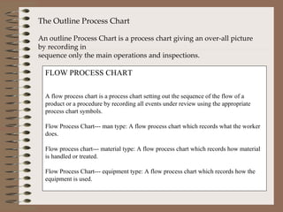 The Outline Process Chart   An outline Process Chart is a process chart giving an over-all picture by recording in  sequence only the main operations and inspections.   FLOW PROCESS CHART   A flow process chart is a process chart setting out the sequence of the flow of a product or a procedure by recording all events under review using the appropriate process chart symbols. Flow Process Chart--- man type: A flow process chart which records what the worker does. Flow process chart--- material type: A flow process chart which records how material is handled or treated. Flow Process Chart--- equipment type: A flow process chart which records how the equipment is used. 