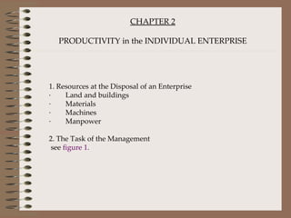 CHAPTER 2 PRODUCTIVITY in the INDIVIDUAL ENTERPRISE   1. Resources at the Disposal of an Enterprise ·        Land and buildings ·        Materials ·        Machines ·        Manpower    2. The Task of the Management see  figure 1. 