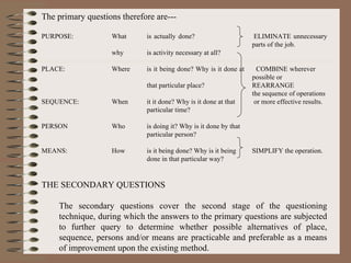 The primary questions therefore are--- PURPOSE: What is actually done? ELIMINATE unnecessary  parts of the job. why is activity necessary at all? PLACE: Where is it being done? Why is it done at  COMBINE wherever  possible or that particular place? REARRANGE the sequence of operations SEQUENCE: When it it done? Why is it done at that  or more effective results. particular time? PERSON Who is doing it? Why is it done by that  particular person? MEANS: How is it being done? Why is it being  SIMPLIFY the operation. done in that particular way? THE SECONDARY QUESTIONS The secondary questions cover the second stage of the questioning technique, during which the answers to the primary questions are subjected to further query to determine whether possible alternatives of place, sequence, persons and/or means are practicable and preferable as a means of improvement upon the existing method. 