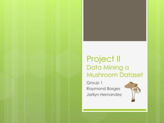 Project II
Data Mining a
Mushroom Dataset
Group 1
Raymond Borges
Jarilyn Hernandez
 