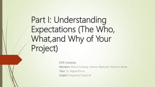 Part I: Understanding
Expectations (The Who,
What,and Why of Your
Project)
ESPE University
Members: Maicol Suntasig, Dolores Albarracin, Roberto Alvear
Tutor: Dr. Miguel Ponce
Subject: Integrative Project III
 