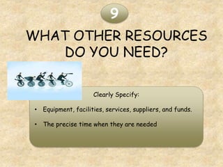 WHAT OTHER RESOURCES
DO YOU NEED?
9
Clearly Specify:
• Equipment, facilities, services, suppliers, and funds.
• The precise time when they are needed
 