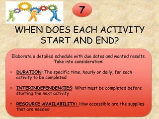 WHEN DOES EACH ACTIVITY
START AND END?
7
Elaborate a detailed schedule with due dates and wanted results.
Take into consideration:
• DURATION: The specific time, hourly or daily, for each
activity to be completed
• INTERINDEPENDENCIES: What must be completed before
starting the next activity
• RESOURCE AVAILABILITY: How accessible are the supplies
that are needed
 