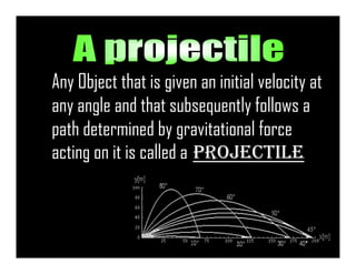 Any Object that is given an initial velocity at
any angle and that subsequently follows a
path determined by gravitational forcepath determined by gravitational force
acting on it is called a PROJECTILE
 