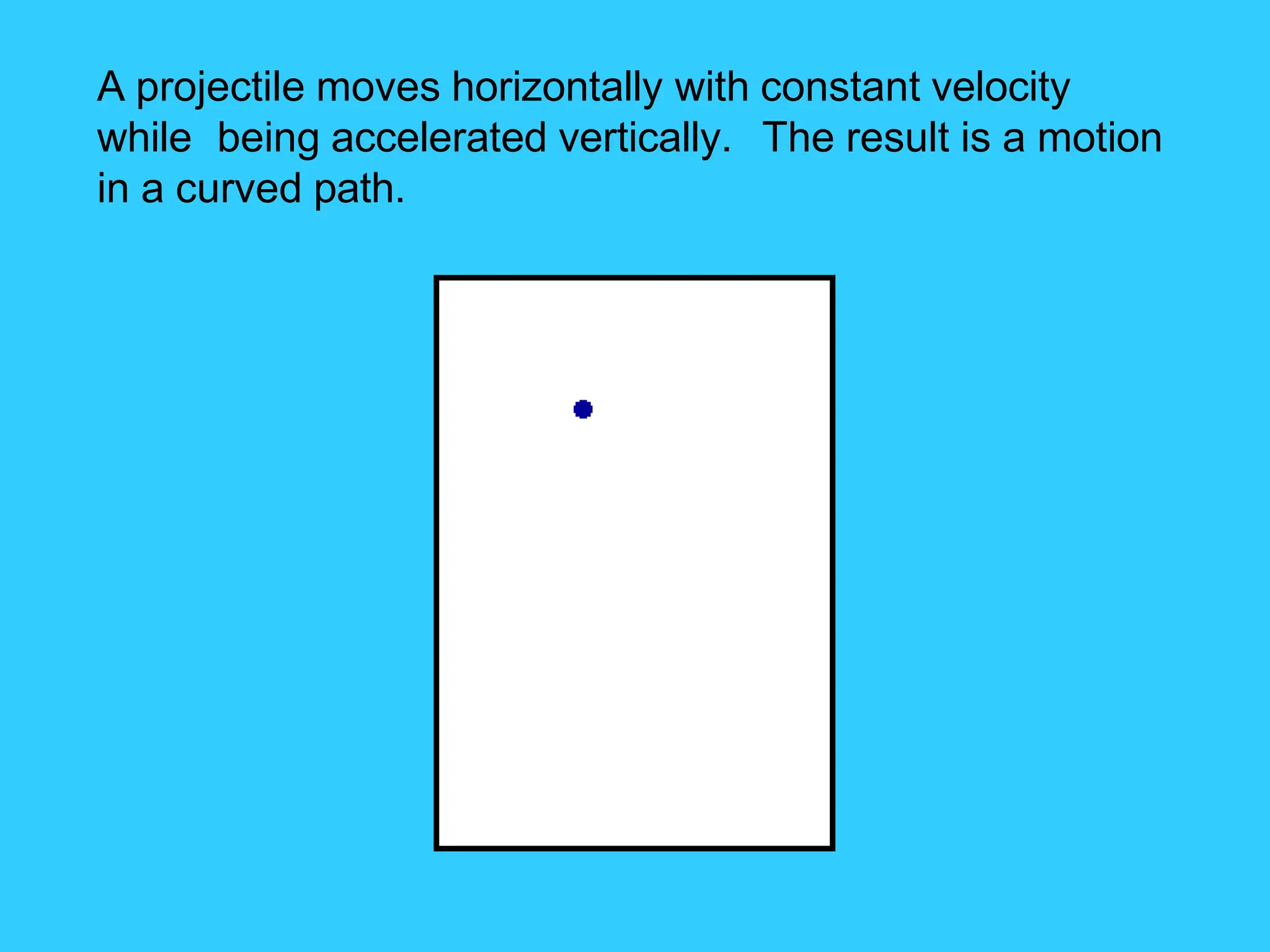 A projectile moves horizontally with constant velocity
while being accelerated vertically. The result is a motion
in a curved path.
 