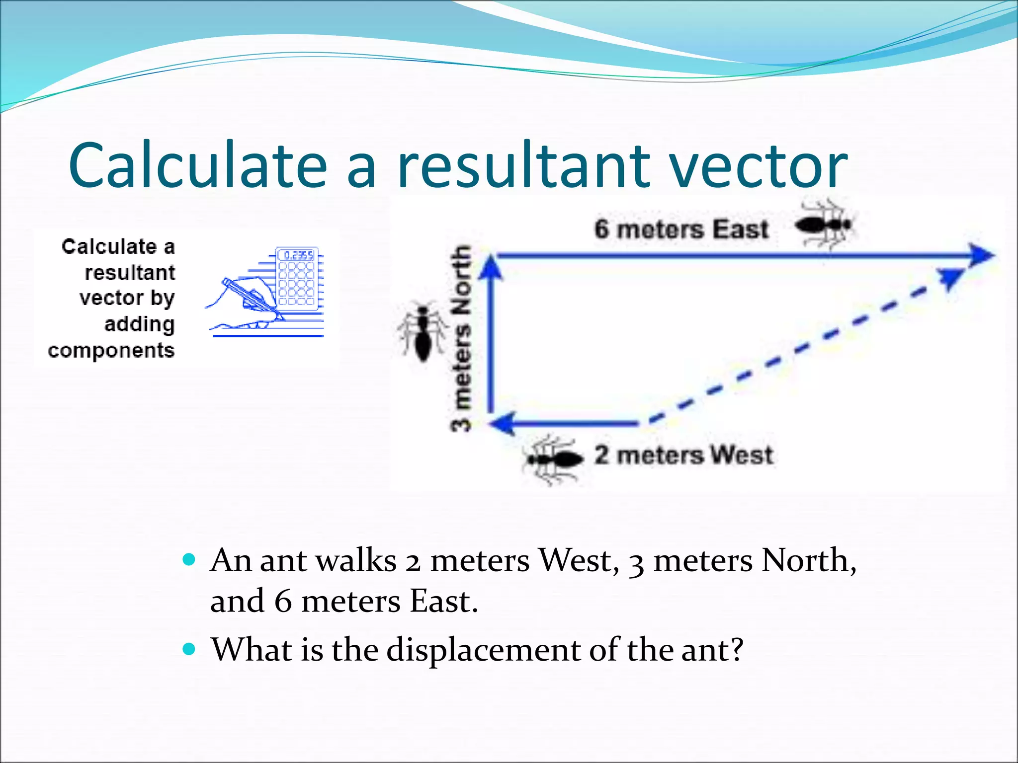 Calculate a resultant vector
 An ant walks 2 meters West, 3 meters North,
and 6 meters East.
 What is the displacement of the ant?
 