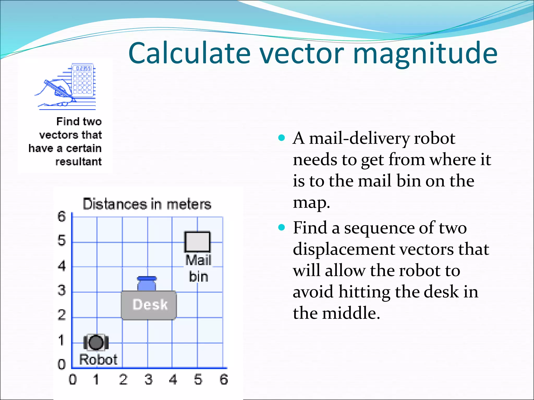 Calculate vector magnitude
 A mail-delivery robot
needs to get from where it
is to the mail bin on the
map.
 Find a sequence of two
displacement vectors that
will allow the robot to
avoid hitting the desk in
the middle.
 