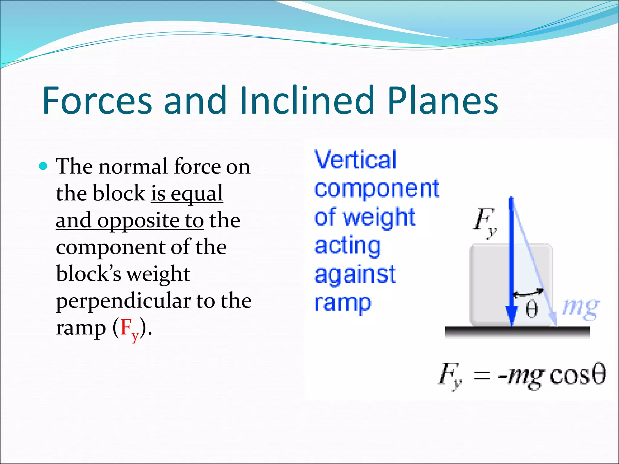 Forces and Inclined Planes
 The normal force on
the block is equal
and opposite to the
component of the
block’s weight
perpendicular to the
ramp (Fy).
 