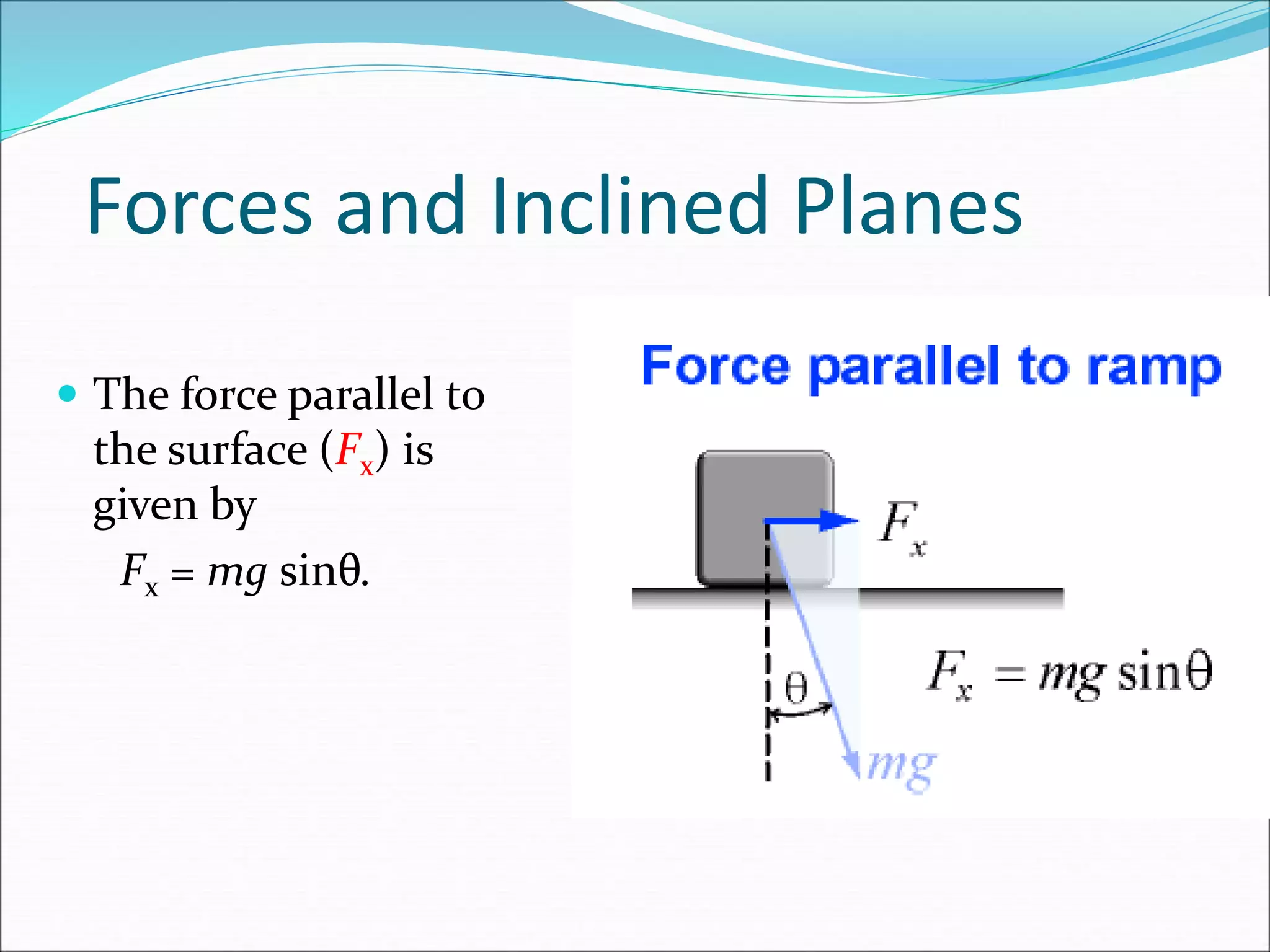 Forces and Inclined Planes
 The force parallel to
the surface (Fx) is
given by
Fx = mg sinθ.
 