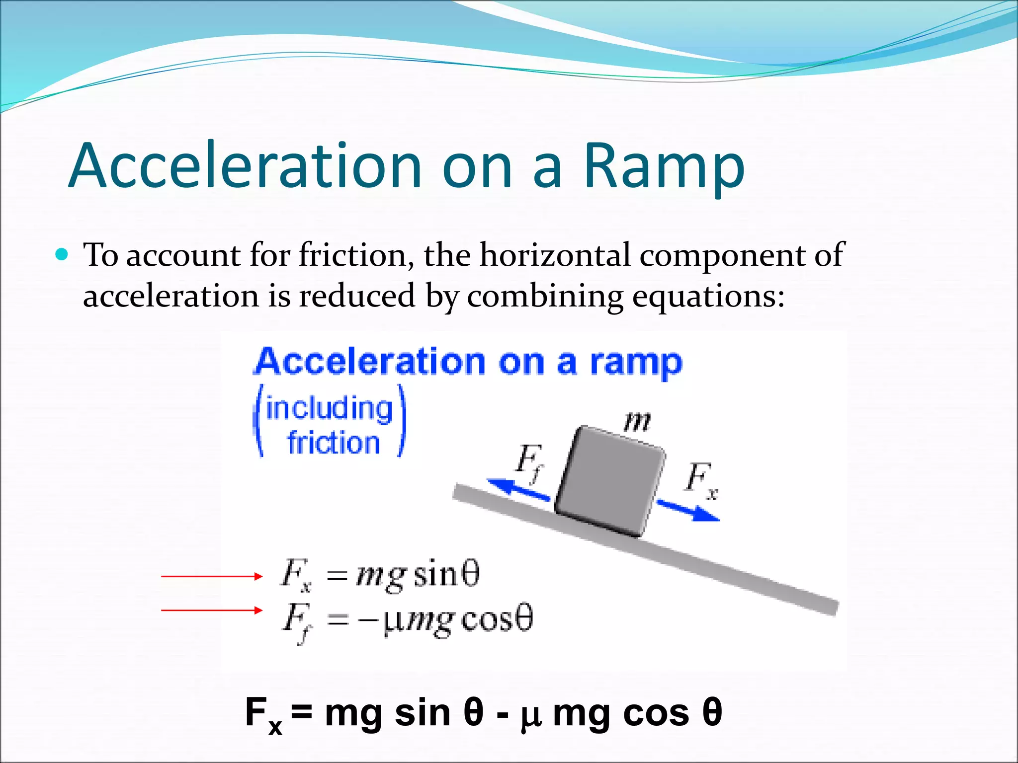 Acceleration on a Ramp
 To account for friction, the horizontal component of
acceleration is reduced by combining equations:
Fx = mg sin θ - m mg cos θ
 