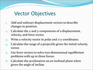 Vector Objectives
1. Add and subtract displacement vectors to describe
changes in position.
2. Calculate the x and y components of a displacement,
velocity, and force vector.
3. Write a velocity vector in polar and x-y coordinates.
4. Calculate the range of a projectile given the initial velocity
vector.
5. Use force vectors to solve two-dimensional equilibrium
problems with up to three forces.
6. Calculate the acceleration on an inclined plane when
given the angle of incline.
 