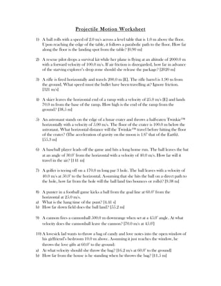 Projectile motion worksheet answers