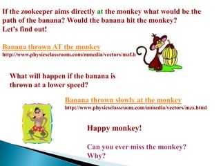 If the zookeeper aims directly at the monkey what would be the path of the banana? Would the banana hit the monkey?Let’s find out!Banana thrown AT the monkeyhttp://www.physicsclassroom.com/mmedia/vectors/mzf.htmlWhat will happen if the banana is thrown at a lower speed?Banana thrown slowly at the monkeyhttp://www.physicsclassroom.com/mmedia/vectors/mzs.htmlHappy monkey!Can you ever miss the monkey? Why?