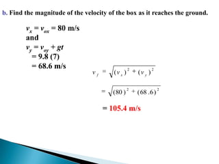 b. Find the magnitude of the velocity of the box as it reaches the ground.vx = vox = 80 m/s andvy = voy + gt   = 9.8 (7)   = 68.6 m/s= 105.4 m/s