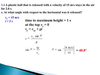 3.4 A plastic ball that is released with a velocity of 15 m/s stays in the air for 2.0 s.a. At what angle with respect to the horizontal was it released?vo = 15 m/st = 2 stime to maximum height = 1 sat the top vy = 0vy = voy + gt=40.8º