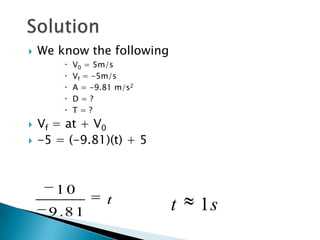 SolutionWe know the followingV0 = 5m/sVf = -5m/sA = -9.81 m/s2D = ?T = ?Vf = at + V0-5 = (-9.81)(t) + 5