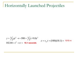 Horizontally Launched Projectiles
2 2
2
1 1
500 ( 9.8)
2 2
102.04
y gt t
t t
= → − = −
= → = 10.1 seconds
(100)(10.1)
ox
x v t
= = = 1010 m
 