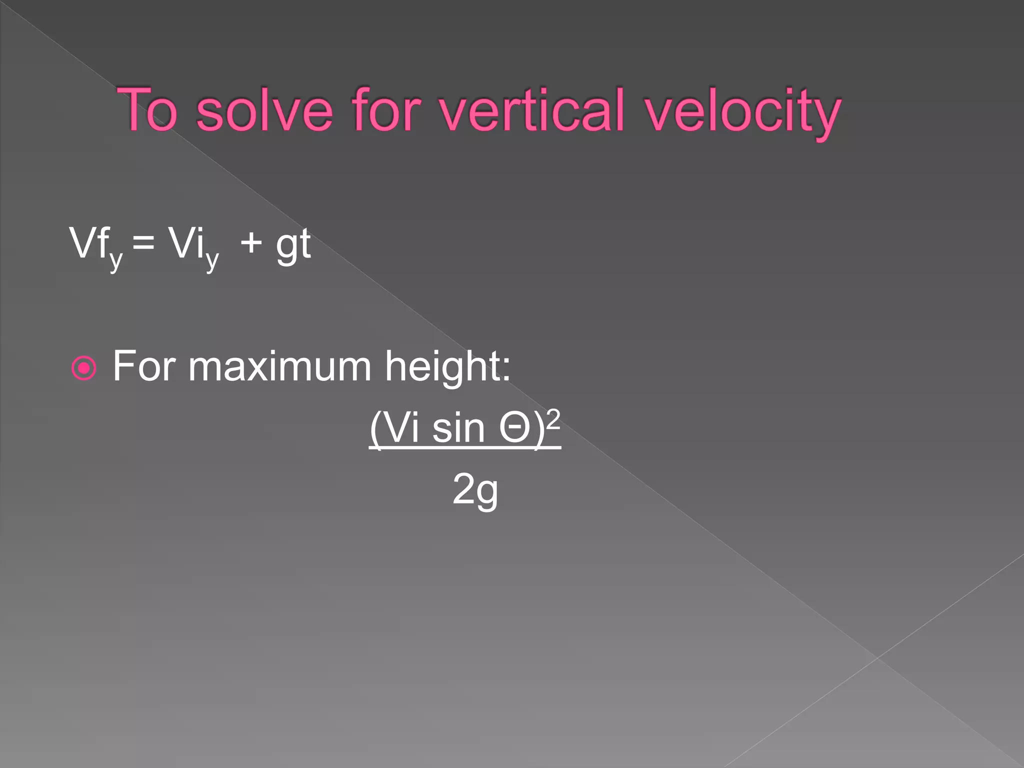 Vfy = Viy + gt
 For maximum height:
(Vi sin Θ)2
2g
 