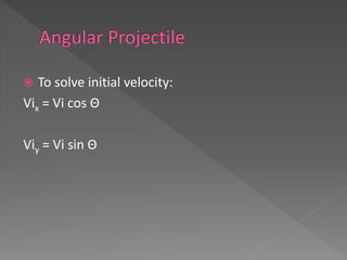  To solve initial velocity:
Vix = Vi cos Θ
Viy = Vi sin Θ
 