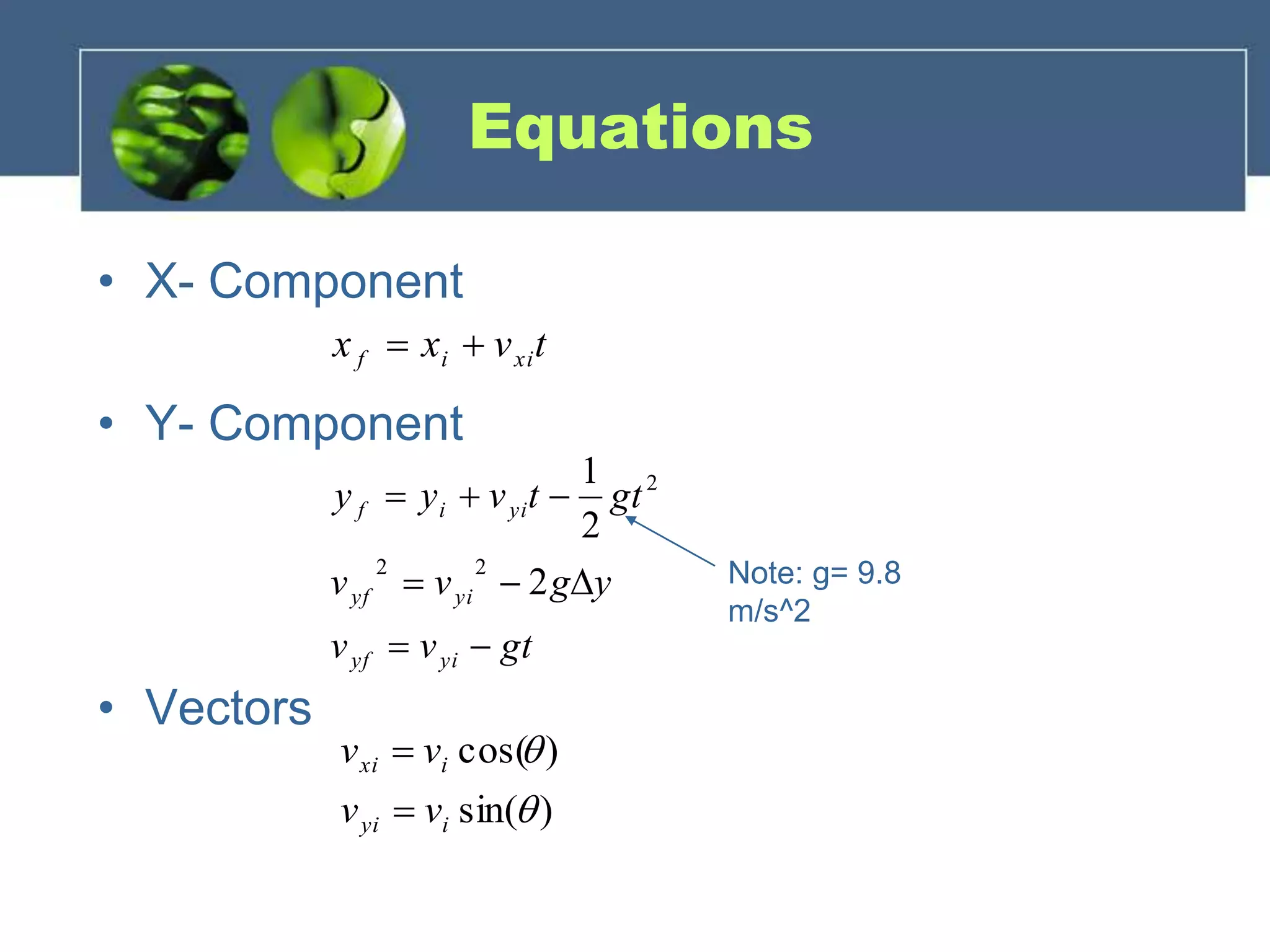 Equations
• X- Component
• Y- Component
• Vectors
tvxx xiif 
gtvv
ygvv
gttvyy
yiyf
yiyf
yiif



2
2
1
22
2
)sin(
)cos(


iyi
ixi
vv
vv


Note: g= 9.8
m/s^2
 