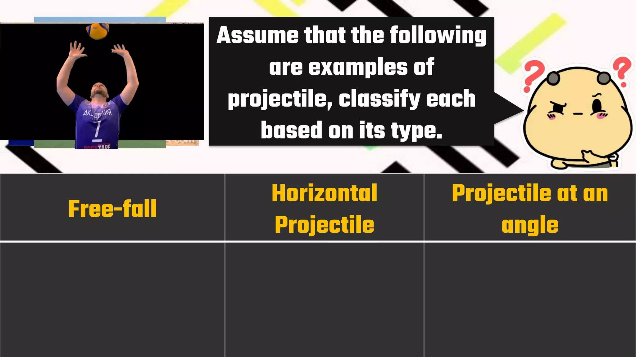 Assume that the following
are examples of
projectile, classify each
based on its type.
Free-fall
Horizontal
Projectile
Projectile at an
angle
 