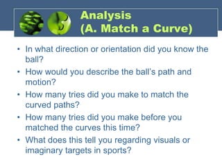 Analysis
(A. Match a Curve)
• In what direction or orientation did you know the
ball?
• How would you describe the ball’s path and
motion?
• How many tries did you make to match the
curved paths?
• How many tries did you make before you
matched the curves this time?
• What does this tell you regarding visuals or
imaginary targets in sports?
 