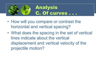 Analysis
C. Of curves . . .
• How will you compare or contrast the
horizontal and vertical spacing?
• What does the spacing in the set of vertical
lines indicate about the vertical
displacement and vertical velocity of the
projectile motion?
 