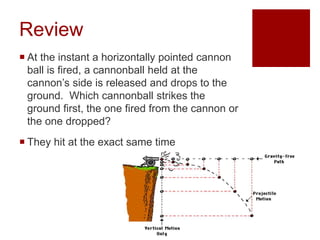 Review
 At the instant a horizontally pointed cannon
ball is fired, a cannonball held at the
cannon’s side is released and drops to the
ground. Which cannonball strikes the
ground first, the one fired from the cannon or
the one dropped?
 They hit at the exact same time
 