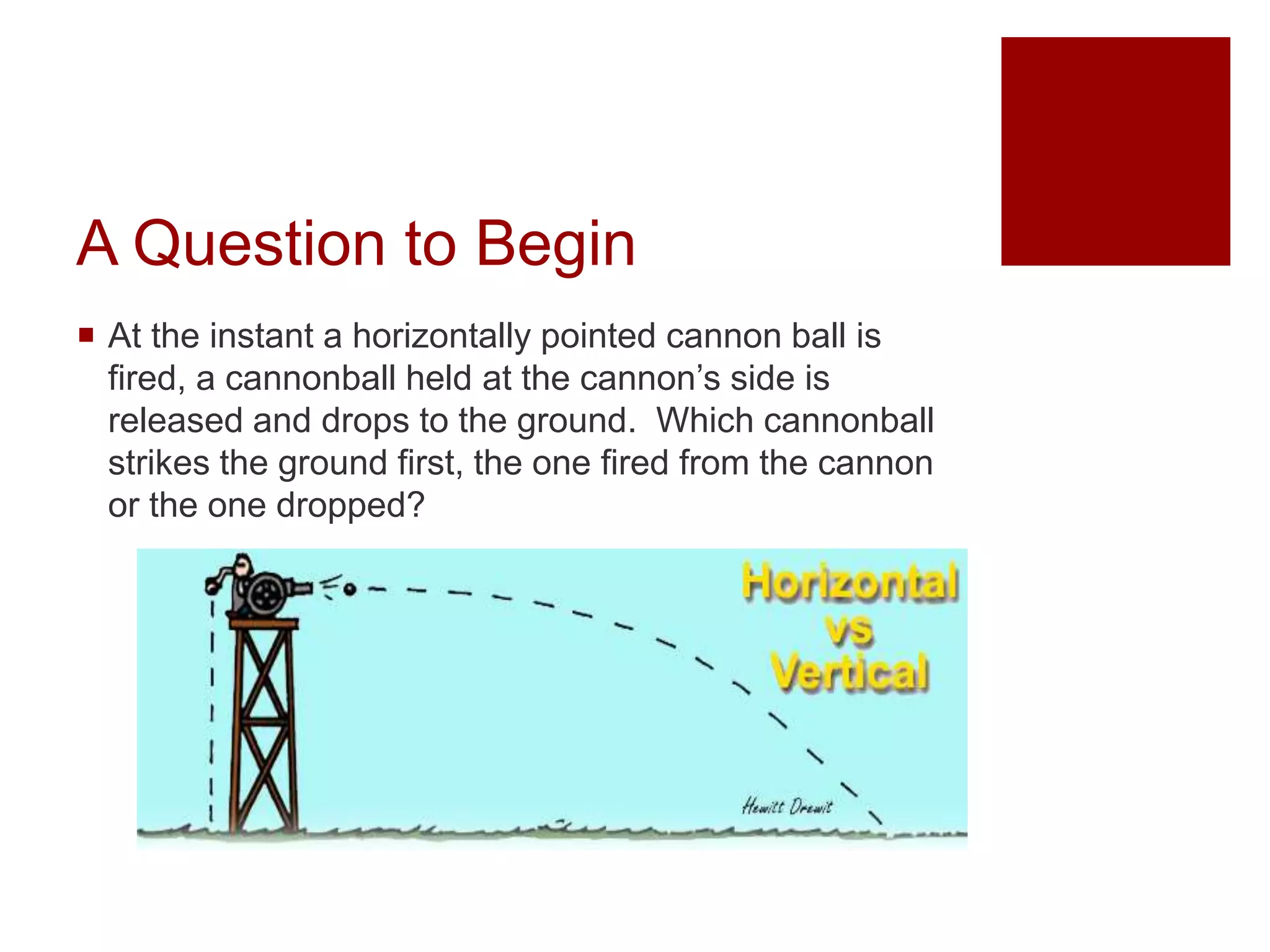 A Question to Begin
 At the instant a horizontally pointed cannon ball is
fired, a cannonball held at the cannon’s side is
released and drops to the ground. Which cannonball
strikes the ground first, the one fired from the cannon
or the one dropped?
 
