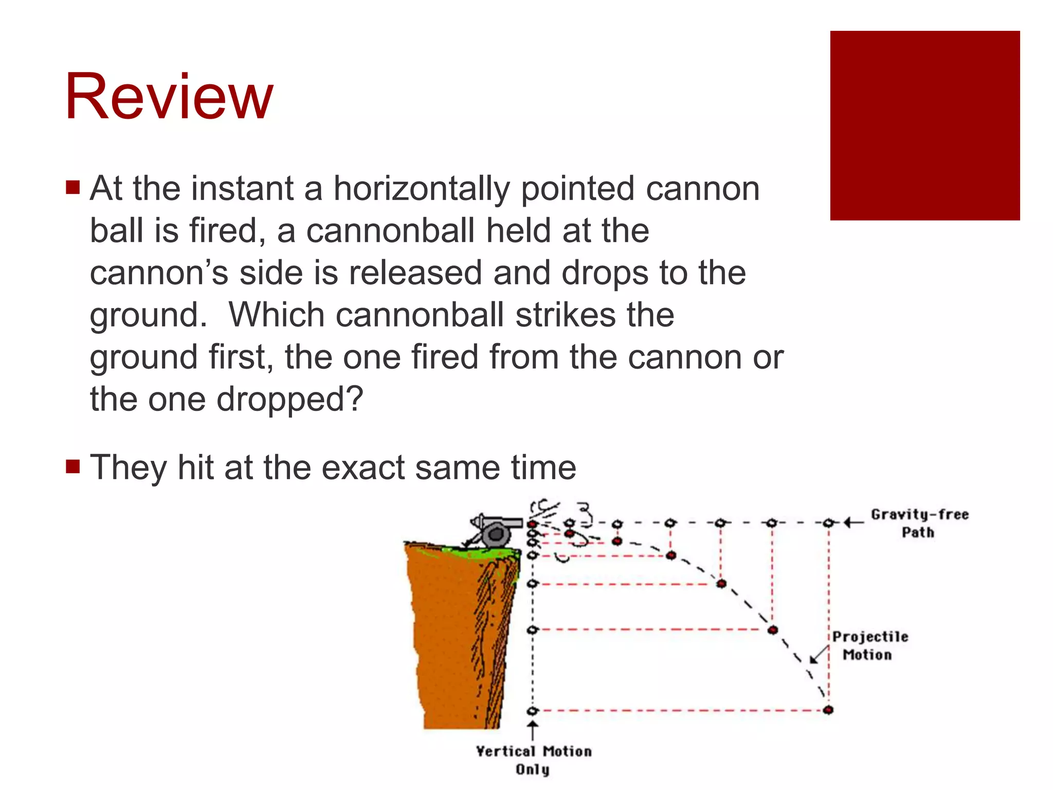 Review
 At the instant a horizontally pointed cannon
ball is fired, a cannonball held at the
cannon’s side is released and drops to the
ground. Which cannonball strikes the
ground first, the one fired from the cannon or
the one dropped?
 They hit at the exact same time
 