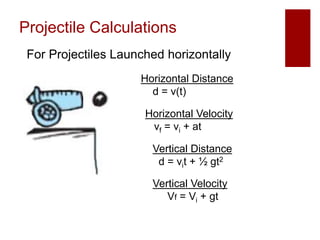 Projectile Calculations
Horizontal Distance
d = v(t)
Vertical Velocity
Vf = Vi + gt
For Projectiles Launched horizontally
Horizontal Velocity
vf = vi + at
Vertical Distance
d = vit + ½ gt2
 