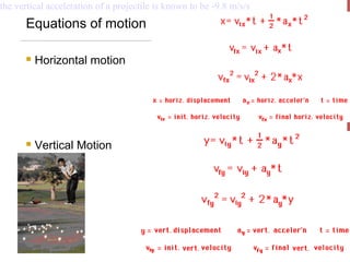 the vertical acceleration of a projectile is known to be -9.8 m/s/s
      Equations of motion

         Horizontal motion




         Vertical Motion
 