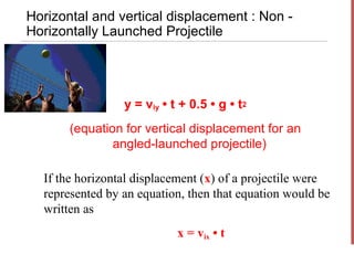 Horizontal and vertical displacement : Non -
Horizontally Launched Projectile




                 y = viy • t + 0.5 • g • t2
       (equation for vertical displacement for an
               angled-launched projectile)

  If the horizontal displacement (x) of a projectile were
  represented by an equation, then that equation would be
  written as
                            x = vix • t
 