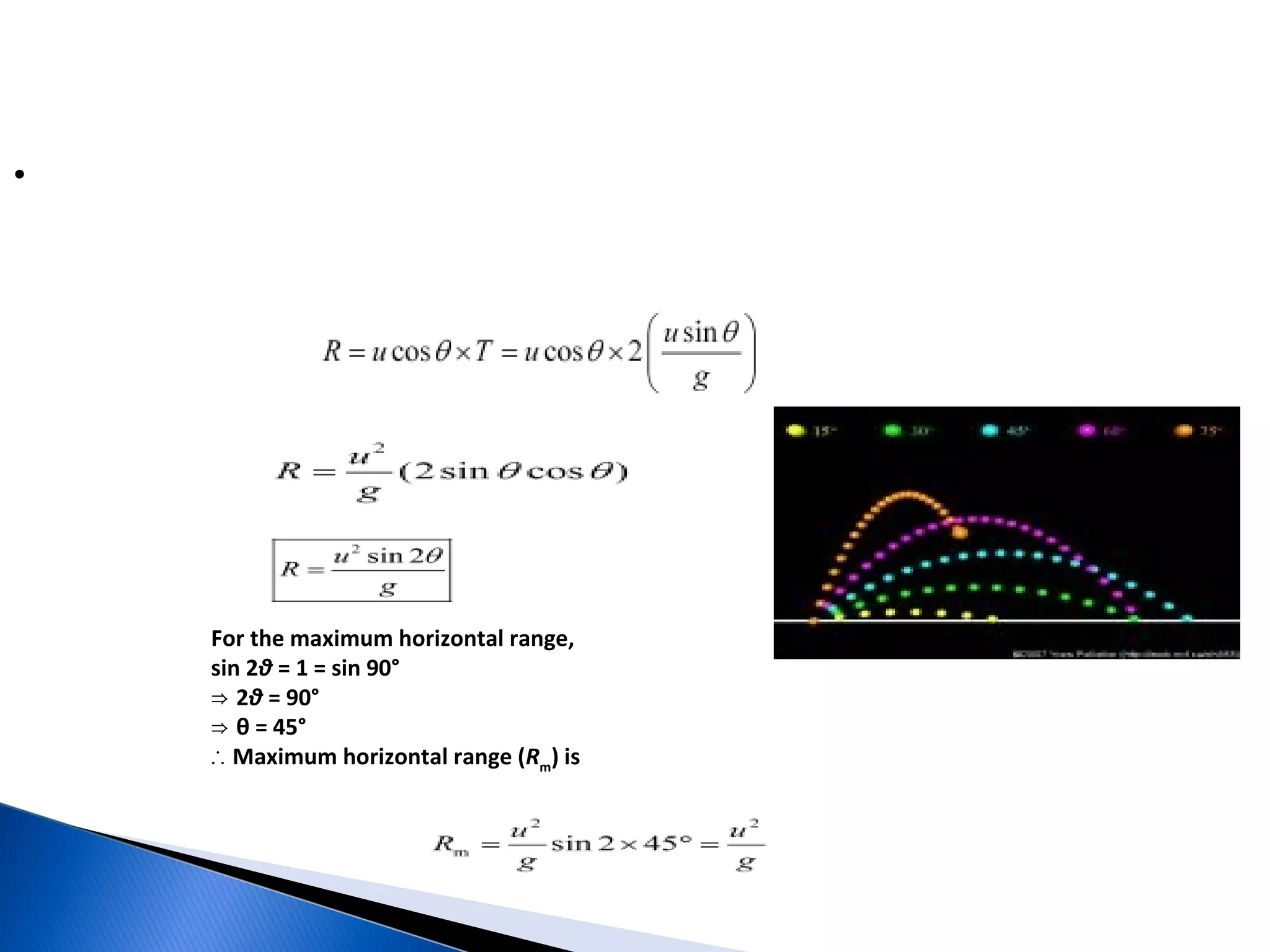 Horizontal Range
•Horizontal distance covered by the object between its point of projection and the point of hitting the
ground. It is denoted by R.
‘R’ is the distance travelled during time of flight T.




                  ⇒


                 ⇒
                  For the maximum horizontal range,
                  sin 2θ = 1 = sin 90°
                  ⇒ 2θ = 90°
                  ⇒ θ = 45°
                  ∴ Maximum horizontal range (Rm) is
 