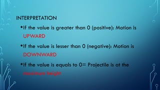 INTERPRETATION
•If the value is greater than 0 (positive): Motion is
UPWARD
•If the value is lesser than 0 (negative): Motion is
DOWNWARD
•If the value is equals to 0= Projectile is at the
maximum height
 