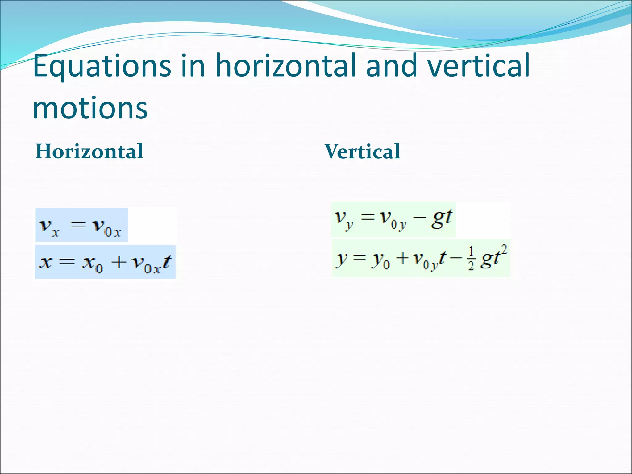 Equations in horizontal and vertical
motions
Horizontal Vertical
 