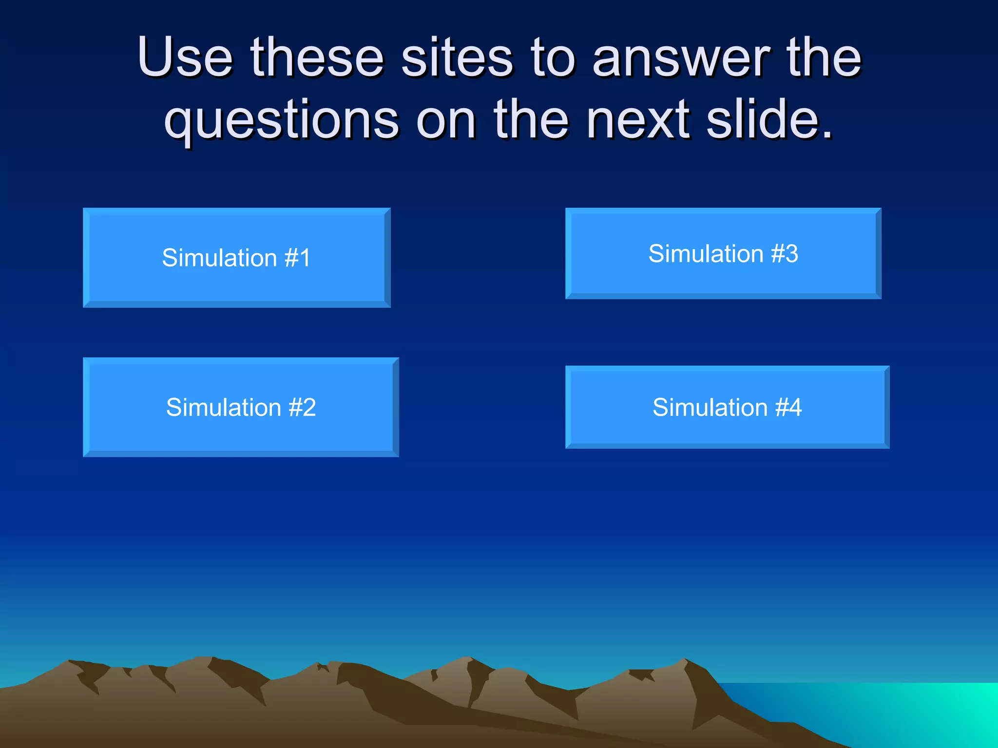 Use these sites to answer the questions on the next slide. Simulation #1 Simulation #2 Simulation #3 Simulation #4 