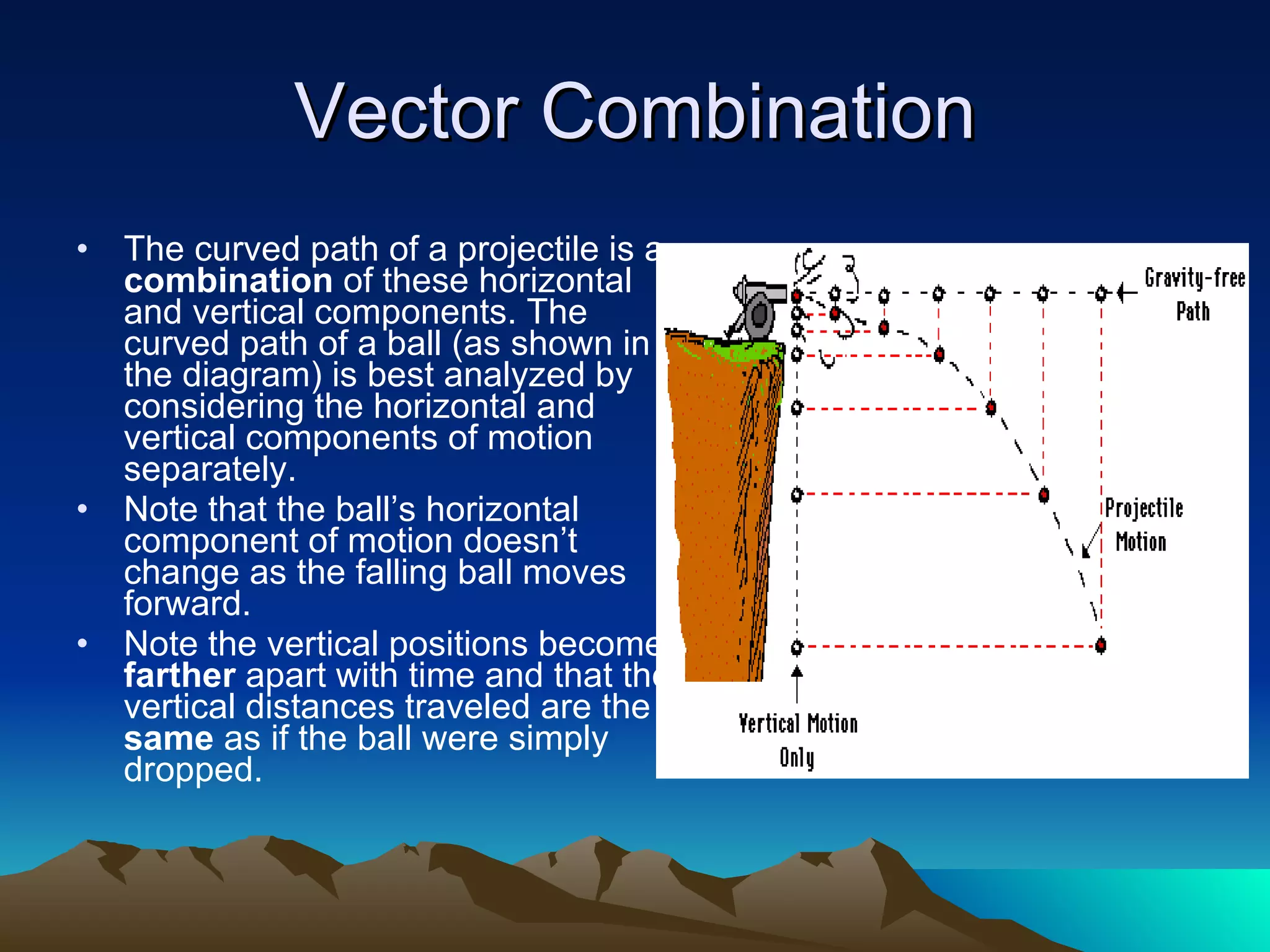 Vector Combination The curved path of a projectile is a  combination  of these horizontal and vertical components. The curved path of a ball (as shown in the diagram) is best analyzed by considering the horizontal and vertical components of motion separately. Note that the ball’s horizontal component of motion doesn’t change as the falling ball moves forward.  Note the vertical positions become  farther  apart with time and that the vertical distances traveled are the  same  as if the ball were simply dropped. 