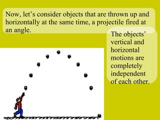 Now, let’s consider objects that are thrown up and horizontally at the same time, a projectile fired at an angle. The objects’ vertical and horizontal motions are completely independent of each other. 