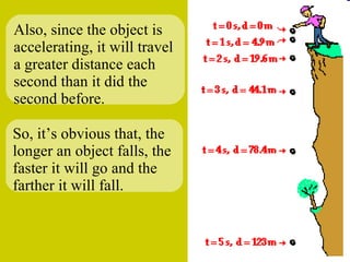 Also, since the object is accelerating, it will travel a greater distance each second than it did the second before.  So, it’s obvious that, the longer an object falls, the faster it will go and the farther it will fall. 