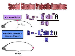 Special Situation Projectile Equations Maximum Height Maximum Horizontal Distance (Range) h  =  -  V  sin max o 2 2 2 g -----------------  R  =  -  V  sin  2  2 ----------------- o g h max range 
