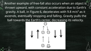 Another example of free-fall also occurs when an object is
thrown upward, with constant acceleration due to Earth's
gravity. A ball, in Figure 6, decelerates with 9.8 m/s² as it
ascends, eventually stopping and falling. Gravity pulls the
ball towards the Earth's center, decreasing its velocity.
 