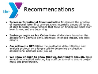 Recommendations Increase Intentional Communication  Implement the practice of intentional listen first conversations internally among all levels of staff to foster conversations that focus on finding out what staff love, know, and are becoming. Icebergs begin as Ice Cubes  Make all decisions based on the association’s ultimate aims, premises, intended impact, and best means. Car without a GPS  Utilize the qualitative data collection and analysis protocol on a large scale to determine a collective associational ultimate aim (Box A) We know enough to know that we don’t know enough.  Train an additional cohort enlisting key staff personnel to assure project mass and proliferation. 