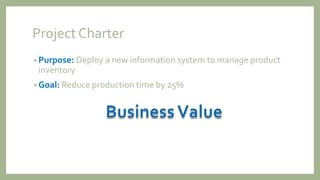 Project Charter
• Purpose: Deploy a new information system to manage product
inventory
• Goal: Reduce production time by 25%
 
