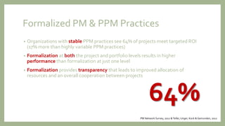 Formalized PM & PPM Practices
• Organizations with stable PPM practices see 64% of projects meet targeted ROI
(17% more than highly variable PPM practices)
• Formalization at both the project and portfolio levels results in higher
performance than formalization at just one level
• Formalization provides transparency that leads to improved allocation of
resources and an overall cooperation between projects
PM Network Survey, 2012 &Teller,Unger, Kock & Gemunden, 2012
64%
 