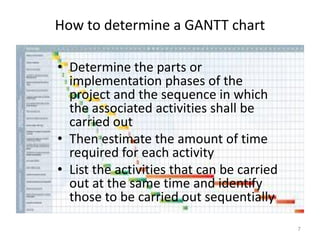 How to determine a GANTT chart
• Determine the parts or
implementation phases of the
project and the sequence in which
the associated activities shall be
carried out
• Then estimate the amount of time
required for each activity
• List the activities that can be carried
out at the same time and identify
those to be carried out sequentially
7
 