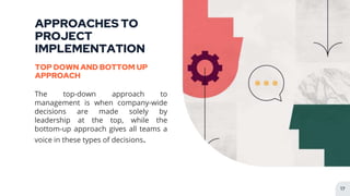 APPROACHES TO
PROJECT
IMPLEMENTATION
The top-down approach to
management is when company-wide
decisions are made solely by...