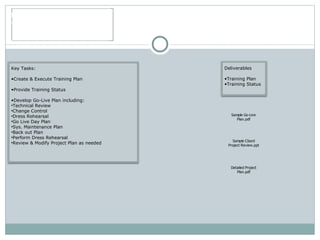 Phase 5 Training & Go-Live Phase Key Tasks:  Create & Execute Training Plan  Provide Training Status  Develop Go-Live Plan including:  Technical Review  Change Control  Dress Rehearsal  Go Live Day Plan  Sys. Maintenance Plan  Back out Plan  Perform Dress Rehearsal  Review & Modify Project Plan as needed Deliverables  Training Plan  Training Status  