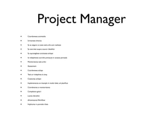 Project Manager
•   Coordoneaza activitatile

•   Urmareste directia

•   Sa se asigure ca toate task-urile sunt realizate

•   Sa overview asupra tuturor detaliilor

•   Sa supravegheze activitatea echipei

•   Isi indeplineste sarcinile prevazute in aceasta perioada

•   Monitorizarea task-urilor

•   Assessment

•   Coordoneaza echipa

•   Task-uri indeplinite la timp

•   Coeziunea echipei

•   Implementarea se intampla in modul ideal, cel planiﬁcat

•   Coordonarea si monitorizarea

•   Completare goluri

•   Luarea deciziilor

•   eﬁcientizarea Workﬂow

•   Implicarea in punctele cheie
 