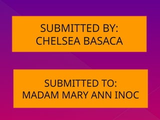 SUBMITTED BY:
CHELSEA BASACA
SUBMITTED TO:
MADAM MARY ANN INOC
 